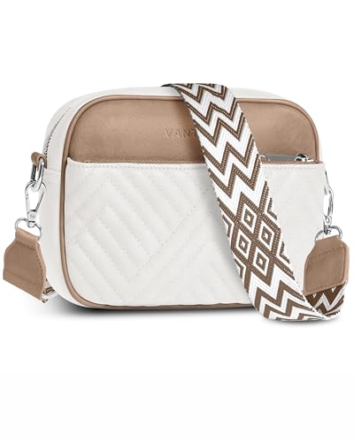 Vantamo Premium Quilted Crossbody Bags for Women with Anti-Pickpocket Clip, Vegan Leather Handbags, Travel Purses for Women - color: Shoulder Bag Snow & Stone Jacquard Strap