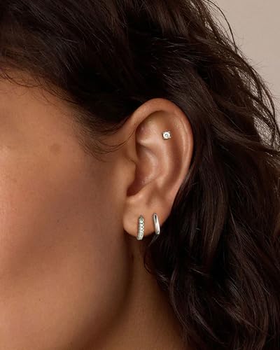 7Pcs Earring Stacks Cartilage Helix Flat Back Hoop Set For Women Stud Small Huggie Chain Multiple Piercing 14K Gold Plated Jewelry Triple Cubic Zirconia - color: Silver, size: Butterfly