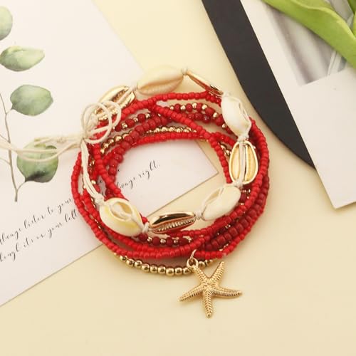 Shell Anklets Bracelet for Women Waterproof Surfer Starfish Bracelet Puka Shell Anklet Colorful Boho Stack Stretch Bead Bracelet Set Hawaii Summer Beach Vacation Foot Jewelry - color: Red
