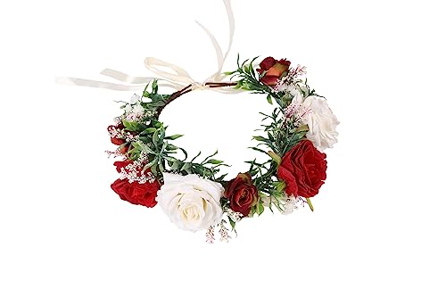 Vivivalue Bridal Flower Crown Rose Flower Headband Hair Wreath Floral Headpiece Halo Boho with Ribbon Wedding Party Festival Photos - color: C