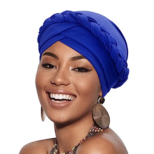 DRESHOW Turban Pre-Tied Twisted Hat Thread African Head Wraps for Black Women Chemo Cancer Cap Braid Hair Cover - color: 1 Pc Twisted Braid: Royal Blue