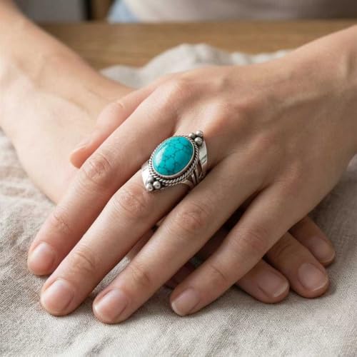 Handmade 925 Sterling Silver Plated Ring Natural Gemstone Carnelian, Rose Quartz, Tiger Eye, Crystal Oval Boho Jewelry For Women - color: Turquoise