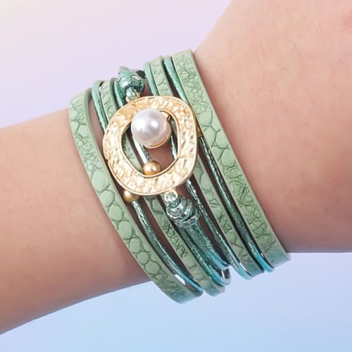 Long tiantian Boho Leather Wrap Bracelets Western Bracelets for Women Stackable Starfish Crystal Pearl Turquoise Leather Bracelet With Clasp Jewelry Gifts Boho Dresses - color: C4:green leather bracelet