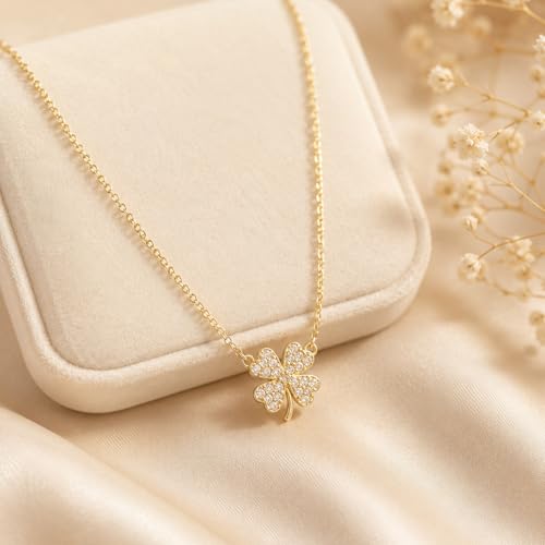 Dainty Gold Necklaces for Women Trendy Non Tarnish 14K Gold Plated Cubic Zirconia Necklace Layered Simple Cute Four Leaf Clover Choker Jewelry Birthday Gifts - color: Gold, style: Cable CZ-3
