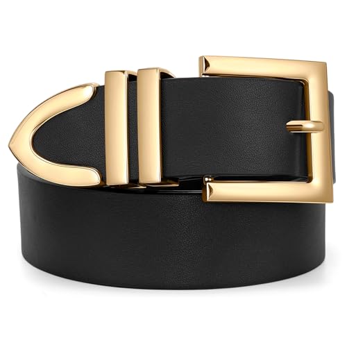 SUOSDEY Plus Size Women's Leather Belts for Jeans Pants Dress Fashion Women Waist Belt with Gold Buckle - color: Black, size: Fit waist size 32''-37''
