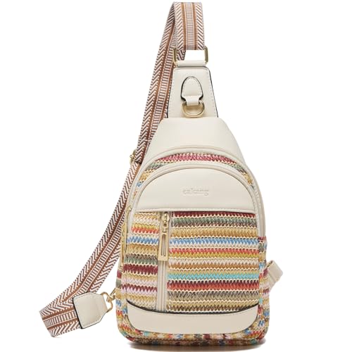 cakang Womens Sling Bag Crossbody Bags for Women Vegan Leather Sling Backpack Daypack Fanny Pack Crossbody Purse Travel - color: 8-rainbow Weaving-white