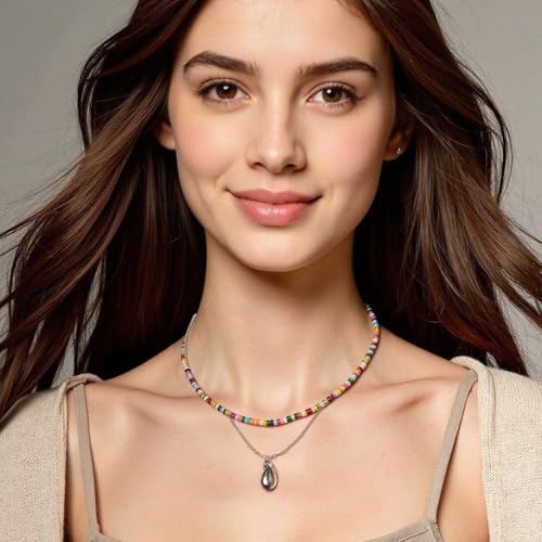 Beaded Gemstone Necklaces for Women Colorful Boho Choker Necklace Beauty And Spirit For Women (blue-silver) - color: mix-pink