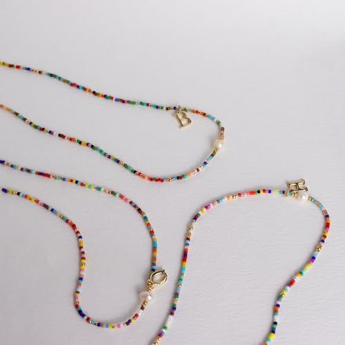 Colorful Pearl Beaded Initial Choker Necklaces for Women, Boho Handmade Personalized Seed Beads Letter Name Necklace Beach Surfer Bohemian Jewelry Gift - color: Q