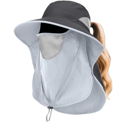 Womens Sun Hat Wide Brim UPF50+ Outdoor Sun Protection Ladies Fishing Hat with Neck Flap Detachable Face Cover - color: Dark Grey