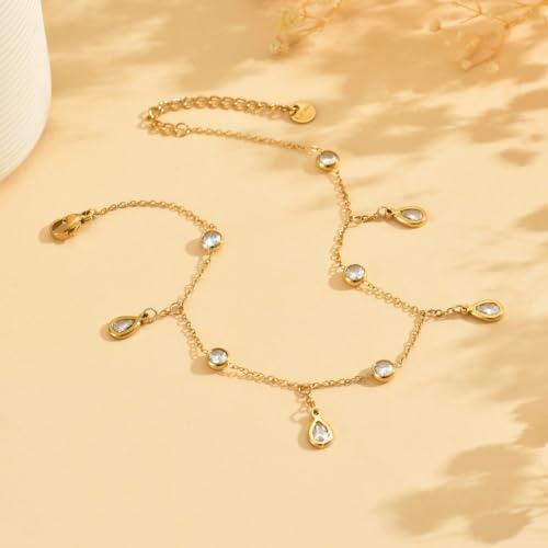 Anklet Bracelets for Women 18K Gold Plated Tennis Anklets Dainty Sapphire Paperclip Pearl Sequin Droplet Adjustable Large Anklet Bracelets Simple Beach Summer Waterproof Foot Jewelry - color: Droplet CZ-Gold