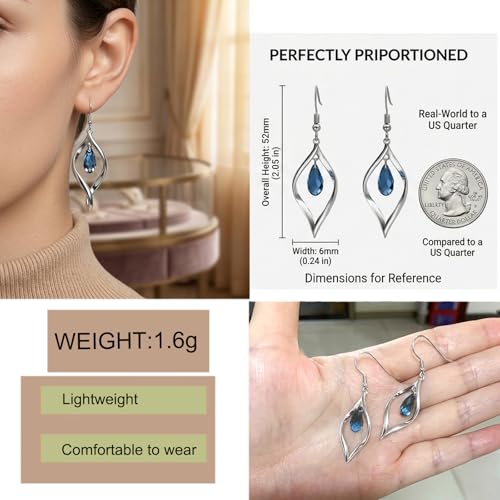 Rhodium Plate 925 Sterling Silver Hook Twist Leaf Holiday Hypoallergenic Dangle Earrings for Women Gifts Engagement Wedding with Austrian Daiamond Cut Waterdrop Crystal Hight Polished Long :1.9 IN - color: dark blue cryal