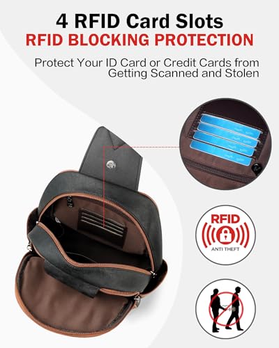FADEON Large Sling Bag for Women, Leather Crossbody Purse Designer Anti Theft Sling Backpack, RFID Fanny Packs for Travel - color: Black-beige-brown Retro Style
