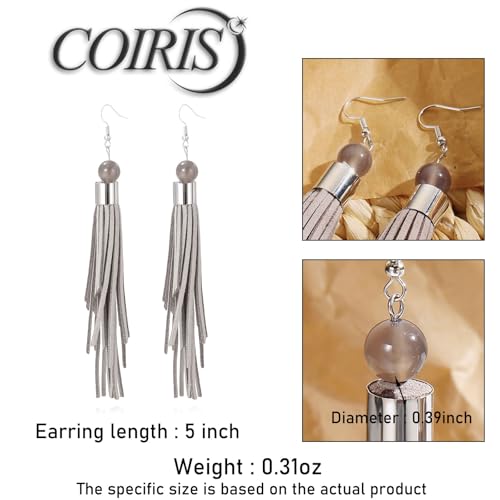 Coiris Boho Leather Layered Tassel Earrings for Women Lightweight Leather Fringe Dangle Earrings Handmade Bohemian Summer Beach Western Drop Earrings for Women - color: Gray