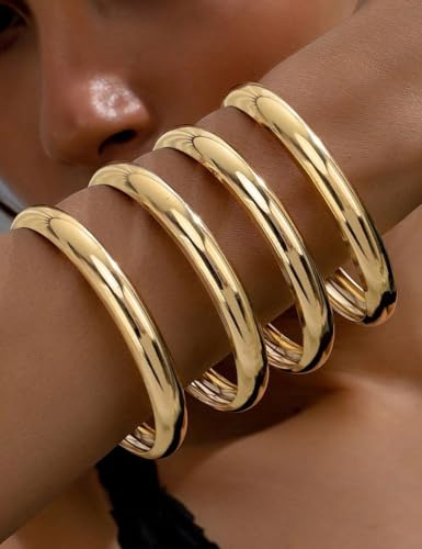 Chunky Gold Bangle Bracelets for Women, Dainty 14k Gold Plated Big Stackable Bangles Set, Trendy Cuff Bracelet Stack Fashion Jewelry Gifts - style: 5 Thin gold bangles