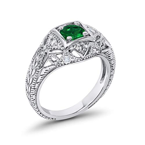 Blue Apple Co. Art Deco Ring Round Cubic Zirconia Leaf Filigree Design Split Shank Twisted Band Bridal Statement Wedding Engagement Rings For Women 925 Sterling Silver Gifts For Her - color: Simulated Emerald