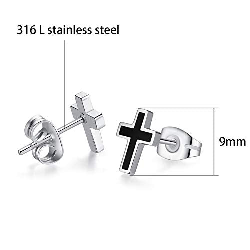 REVEMCN 925 Sterling Silver and Stainless Steel Cross Stud Earrings for Women Men, 3 Pairs - color: Black Stud Earrings