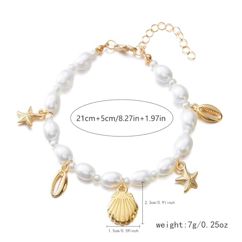 Qceasiy Shell Ankle Bracelet Set for Women, Gold Plated Boho Bead Adjustable Anklet, Hawaiian Beach Seashell Pearl Heart Starfish Conch Foot Jewelry Gifts - color: Pearl Shell(KC)