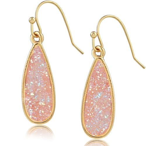 Teardrop Dangle Earrings for Women with Simulated Druzy Stones, in Gold or Rose Gold Tone - color: Gold - Created Rose Quartz