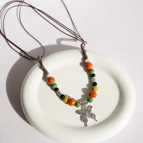 Boho Style Colorful Ceramic Bead Strand Necklace Adjustable Bohemian Jewelry Gift for Women, Fashion Clothing Matching Necklace - color: Orange