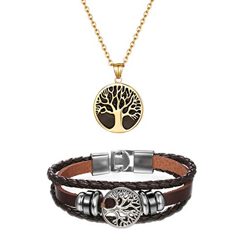Cupimatch Men Tree of Life Symbol Pendant Necklace Leather Bracelet, Stainless Steel 22 inch Chian Jewelry Set (Black) for Father's Day - color: Brown