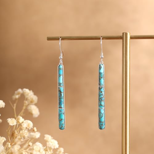 Turquoise Earrings for Women 925 Sterling Silver Gemstones Dangle Earrings Bohemian Style Statement Bar Earrings Dangle Earrings for Women Earrings Valentines Gifts - color: Blue Gold