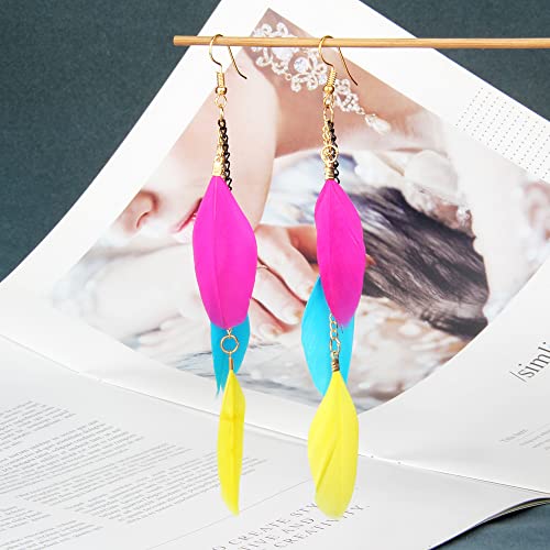coadipress Boho Piercing Tassel Feather Long Chain Earrings Retro Lightweight Native Feather Dangle Drop Earrings for Women Bohemian Handmade Natural Feathers Earring Jewelry - color: Muticolor
