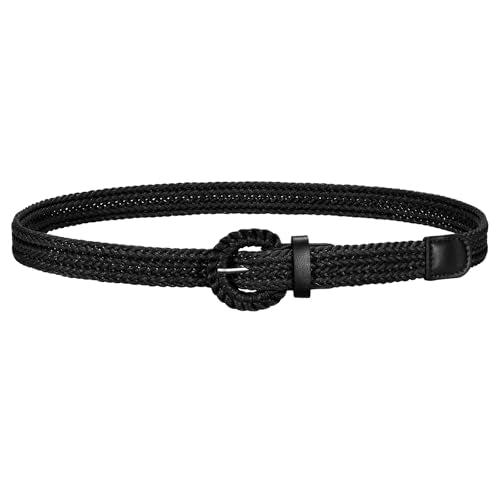 JASGOOD Women's Straw Braided Woven Boho Belt - Skinny Raffia Waist Strap for Summer Dresses & Jeans(Width:0.9") - color: Black, size: Waist size below 38"
