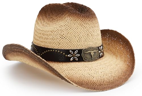 Straw Cowboy Hat, Western Cowgirl Hat, Wide Brim Sun Beach Hat for Men and Women - color: Beige-m28