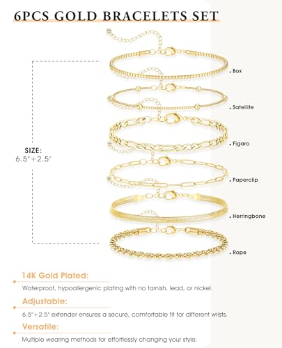 Dainty Gold Bracelets for Women, 14K Gold Plated Stackable Bracelet Set, Adjustable Beaded Cuban Paperclip Herringbone Figaro Snake Rope Chain Jewelry - style: Set1-1 Gold 6Pcs