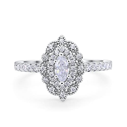 Blue Apple Co. Vintage Style Art Deco Marquise Wedding Engagement Bridal Ring Round Simulated Cubic Zirconia 925 Sterling Silver - color: Simulated Cubic Zirconia