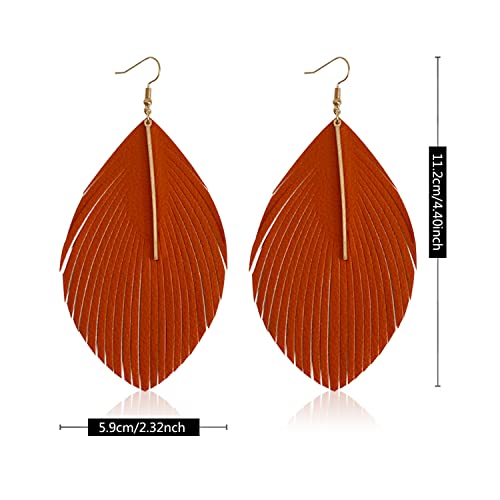 Minimalist Handmade Lightweight Large Soft Faux Leather Fringe Feather Dangle Drop Earrings Bohemian Huge Leaf Hook Earrings with Bar for Women - color: Orange