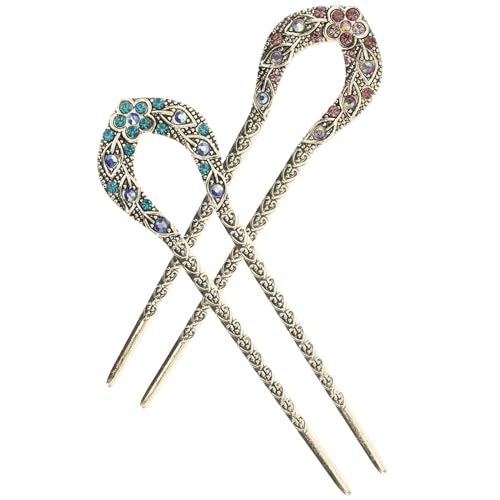 Toyvian 2pcs Vintage Rhinestone Hair Stick Double Prong Dovetail Hairpin Clips for Women Elegant Hair Forks Oriental Style for Weddings Parties and Casual Wear