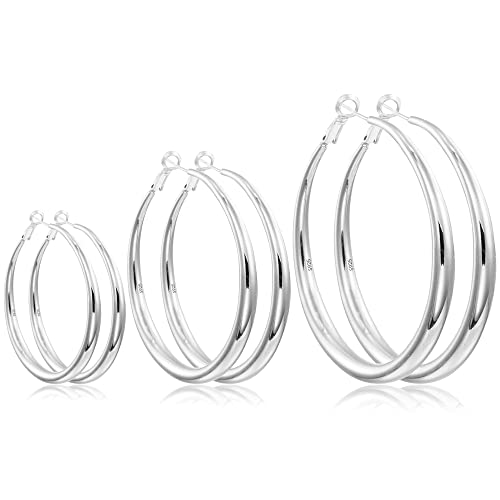 EXGOX Sterling Silver Hoop Earrings - Hypoallergenic, Lightweight, Chunky, 14K Real Gold Plated, Big Large Hoops for Women - color: 30/40/50mmSilver