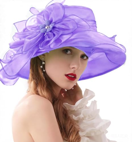 ORIDOOR Women’s Organza Church Tea Party Wedding Fascinator Derby Hat Wide Brim Sun Hats - color: C4-lavender