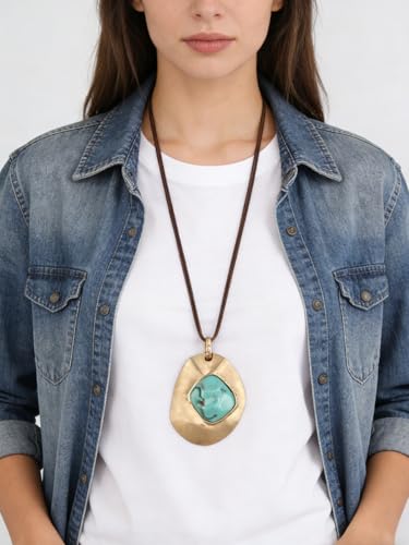 Leather Necklace for Women Long Boho Necklace Bohemian Choker Vintage Necklace Braided Boho Jewelry with Adjustable Brown Leather Cord - color: Bohemian Pendant Necklace