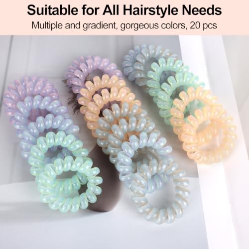 JessLab Spiral Hair Ties, 20 Pcs Traceless Phone Cord Hair Ties No Crease Spiral Bracelet Plastic Coil Ponytail Holders No-Damage Headband Hair Accessory for Girls Women Ladies Gift, Mix Color 7 - color: Mix Color 7