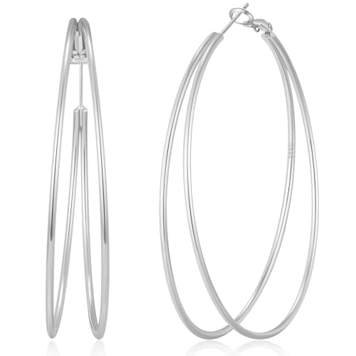 OOOPEL Large Thin Double Hoop Earrings for Women Lightweight Hypoallergenic 925 Sterling Silver Post 14K Gold Hoops Non Tarnish Sturdy Big Thin Double Layered Hoop Earrings 30/40/50/60mm - color: Silver, size: 50mm
