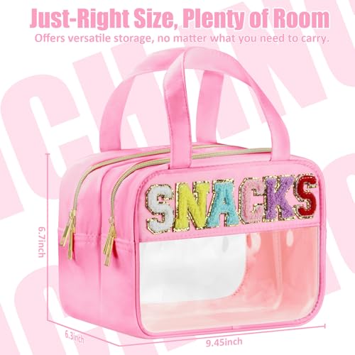 BuyCard Chenille Letter Clear Snack Makeup Bags, Waterproof Large Clear Travel Toiletry Bag, Nylon Snacks Cosmetic Pouch Bag with Handles and Zipper, Storage Bag for Women, Pink - color: Pink-Snacks
