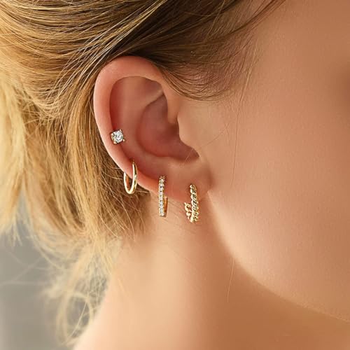 Cocadant 6 Pairs 925 Sterling Silver Small Hoop Earrings for Women,14k Real Gold Hypoallergenic Tiny Cubic Zirconia Cartilage Huggie Earring Sets for Multiple Piercing Trendy Jewelry 8/10/12mm - color: 3 Pairs Gold and Silver CZ+Smooth+Twisted Huggie Earr