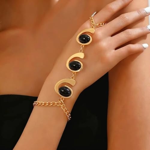 Boho Open Bracelet Ring Set for Women Black and Gold Jewelry Set Oval Cuff Bracelet Adjustable Ring Vintage Jewelry - style: U-Black