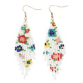 Flower Black Beaded Long Tassel Western Native American Earrings For Women Dangling - color: white