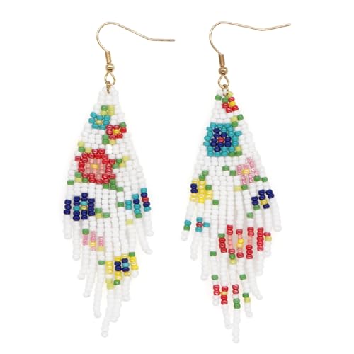 Flower Black Beaded Long Tassel Western Native American Earrings For Women Dangling - color: white