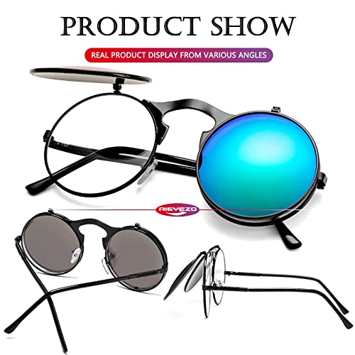 AIEYEZO Round Flip Up Sunglasses for Men and Women Rave Flip Glasses 90's Retro Steampunk Style - color: Black/Green Mirror