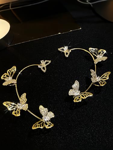 2Pcs Rhinestone Butterfly Earrings Ear Cuffs Non-Pierced Fake Earrings Butterfly Climber Wrap Around Earring Dainty Adjustable Ear Clip Jewelry for Women - color: Style7-gold