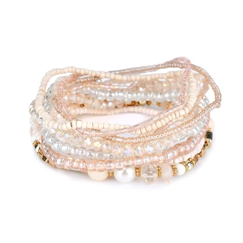 Handmade Bohemian Colorful Crystal Beaded Bracelets Set Multilayered Stackable Boho Stretch Adjustable Bangle Cuff Friendship Summer Beach Jewelry for Women - color: beige
