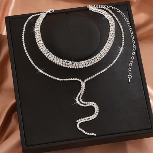 Statement Layered Sparkly Crystal Choker Black Long Tassel Y Necklace for Women, Dainty Multilayer Silver Bling Rhinestone Necklaces Prom Jewelry Gift - color: Silver
