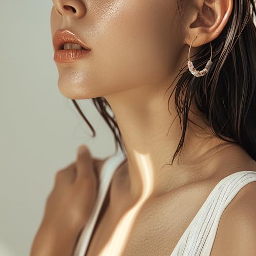Natural Stone Beaded Hoop Earrings for Women, Boho Handmade Lightweight Hypoallergenic Trendy Summer Beach Accessories Fashion Jewelry Gift - color: beige