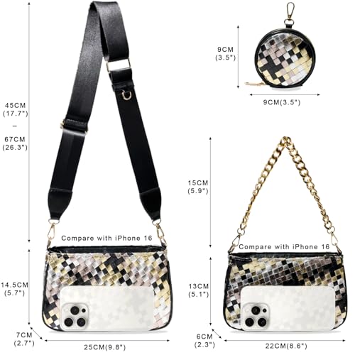 Handmade Woven Small Crossbody Bag for Women with Coin Purse, Designer Shoulder Handbag 3pcs Set, Mini Tote Clutch - color: Black Multicolor