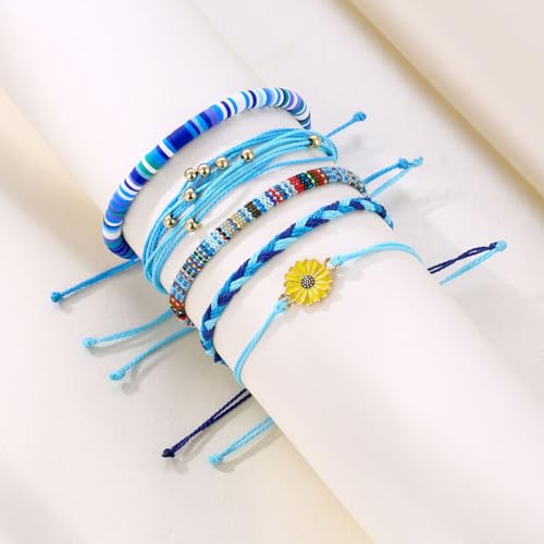 Beach Summer Ankle Bracelet for Women Handmade Braided Adjustable String Anklets Waterproof Surfer Bracelet - color: flower/blue