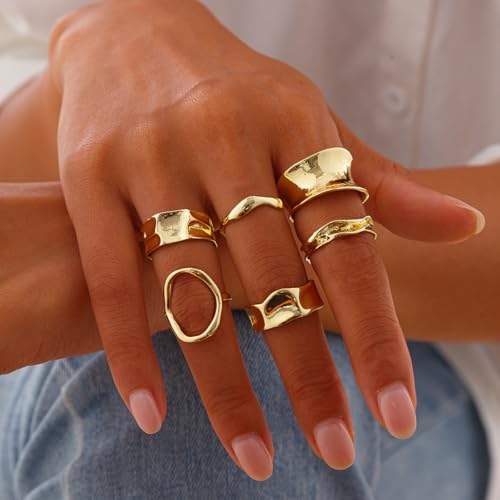 Chunky Rings for Women Adjustable Thick Rings Set Trendy Statement Stackable Ring for Women Chunky Jewlery Irregular Dome Flower Finger Knkuckle Thumb Ring - style: Style 3 - 6pcs g